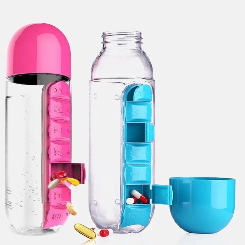 

2 IN 1 Sport Water Bottle with Weekly Pill Holder Day Marker Reminder Inserted Vitamin Pill Box Drink Bottle for Travel 600ML