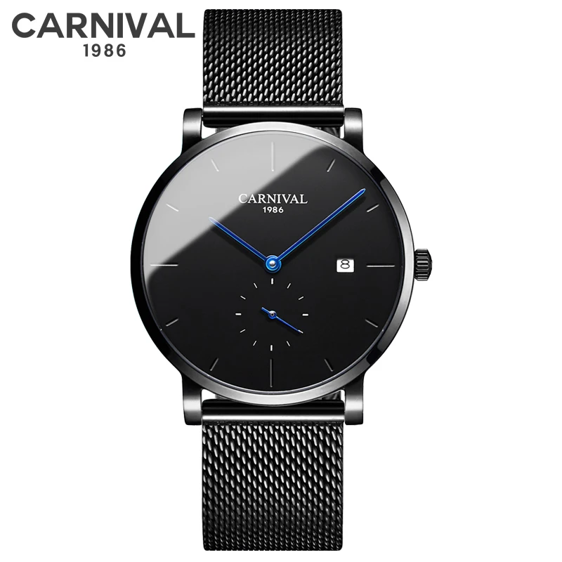 Enlarge Carnival Men Black Mesh Steel Automatic Mechanical Watch Luxury Waterproof Watches Shockproof Blue Small Seconds Date Wristwatch