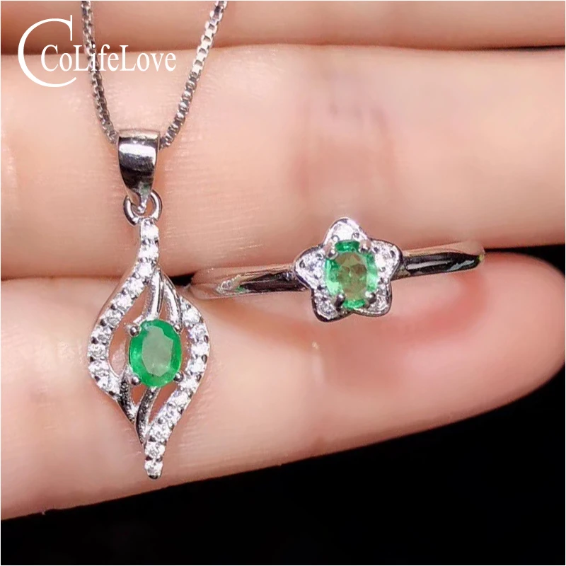 CoLife Jewelry Natural Emerald Ring Pendant Set for Wedding Zambia Silver Gift Woman | Украшения и аксессуары