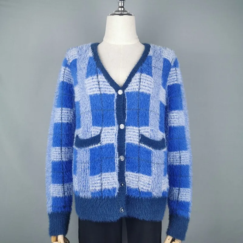 Vintage Synthetic Mink Cashmere Sweater Women Harajuku Lazy Style Ladies V-Neck Button Up Cropped Fuzzy Plaid Cardigan Knitted |