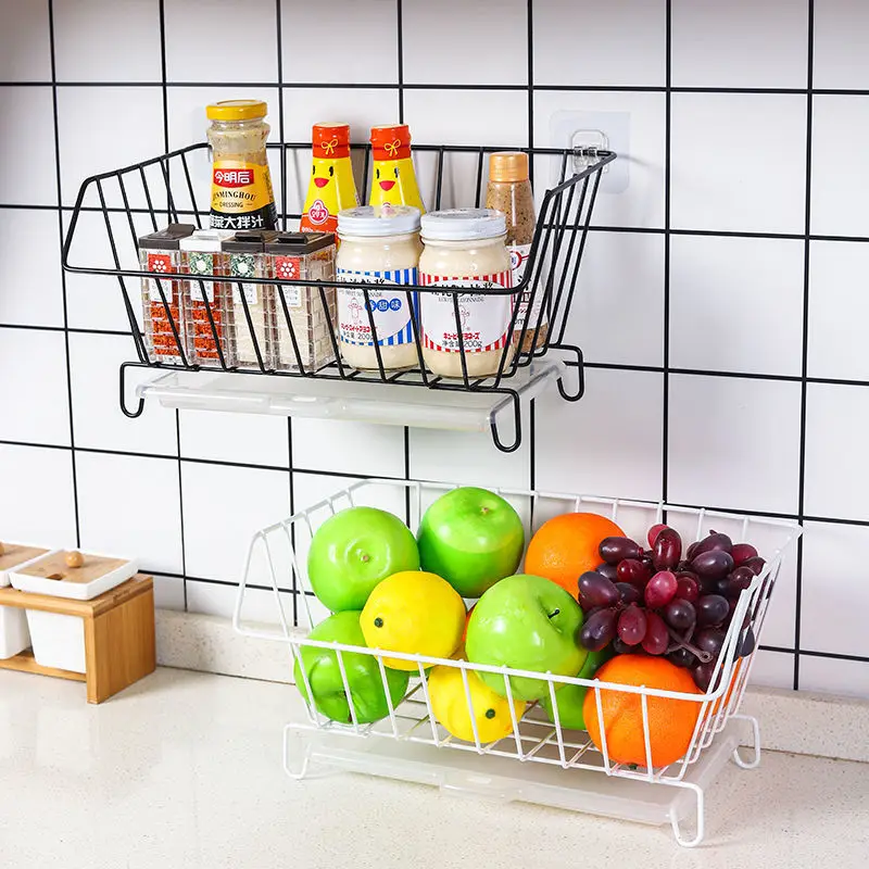 

Kitchen Wall Hanging Storage Baskets Drain Organizer Dishes Drying Shelf Spice Racks Fruits Vegetables Holder Storage Container
