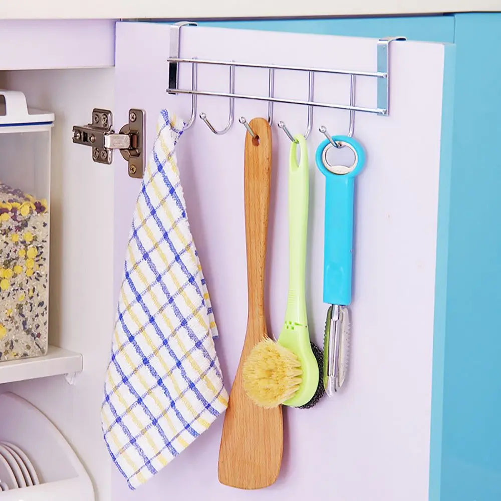 

Stainless Steel Over The Door Clothes Hook Bathroom Kitchen Home Organizer with 5 Hooks Towel Wall Hanger Storage Accessories