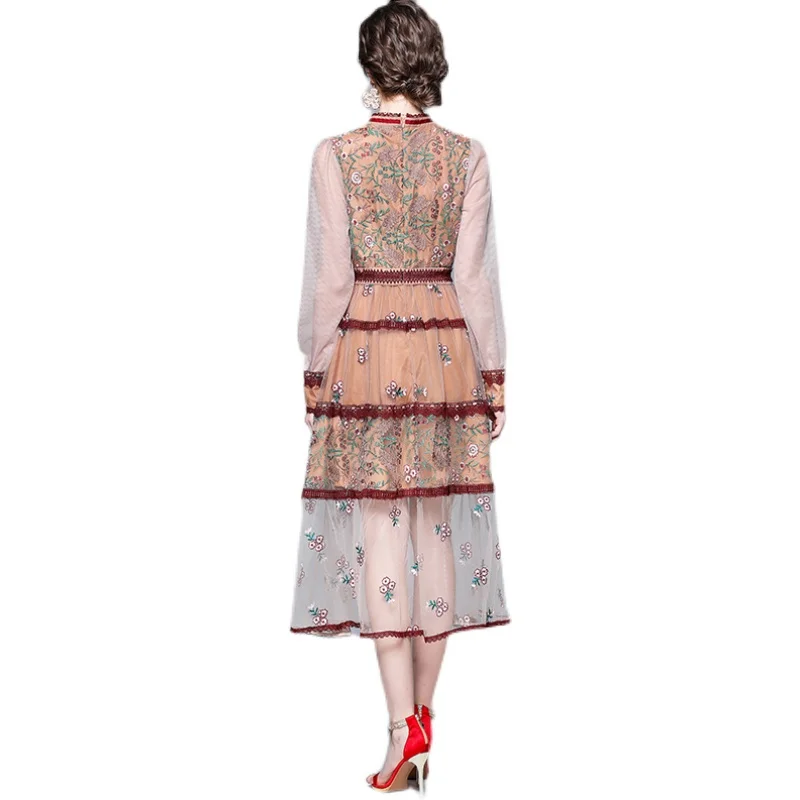 

High-end Women's Dress New 2021 Spring Long Sleeve Mesh Embroidery Party Dress Elegant Slim Vintage Vestidos