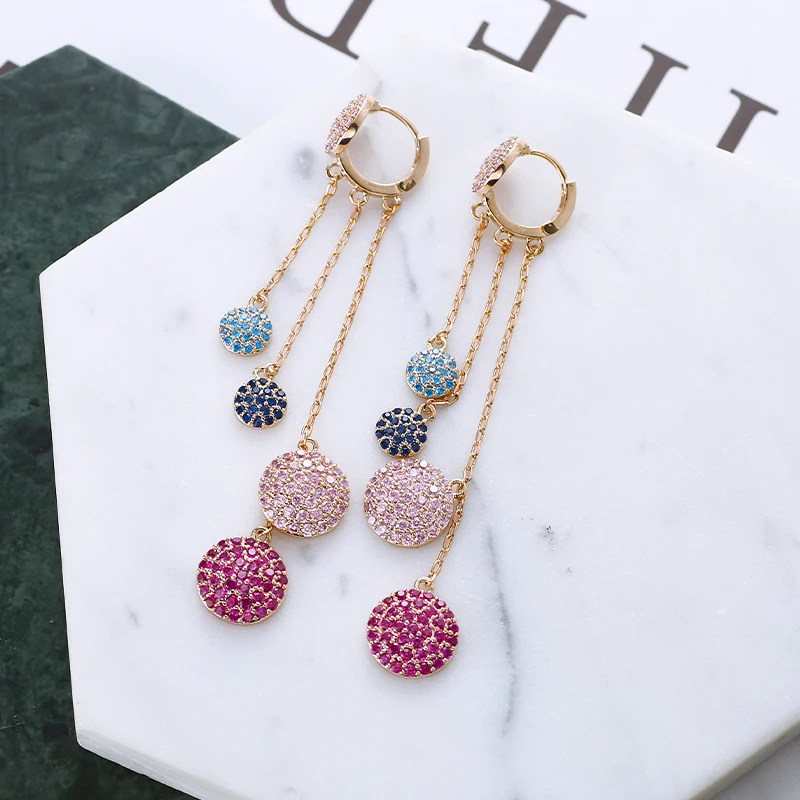 

Sweet Tassel Earrings Round Piece Pendant Paved AAA Zirconia for Women Wedding Party Luxury Jewelry XIUMEIYIZU 11.11 New Hot