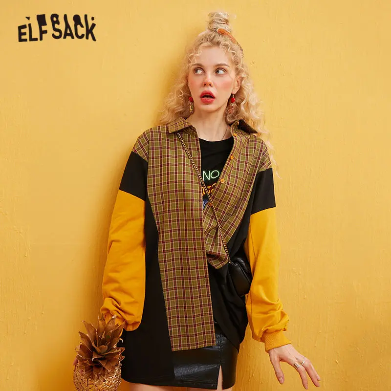 ELFSACK разноцветная клетчатая Лоскутная Повседневная Женская блузка с принтом