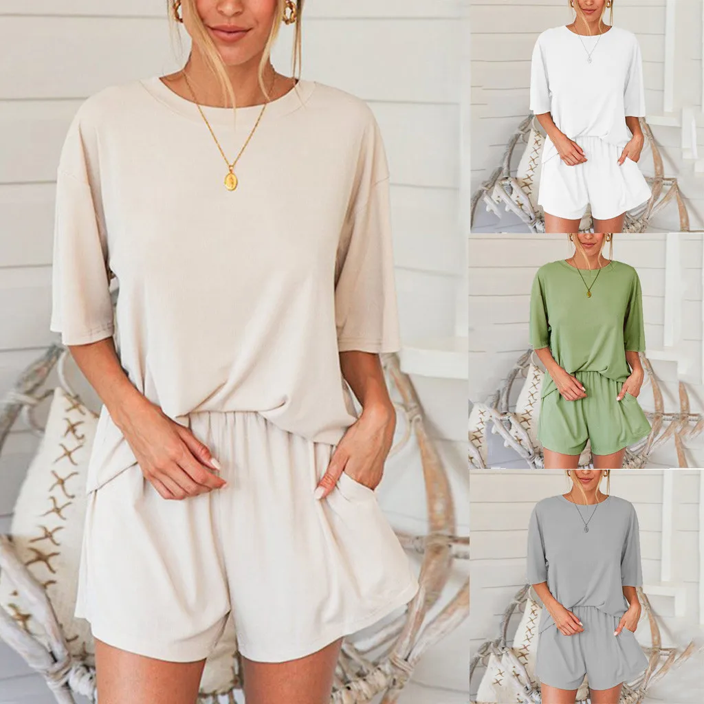 Женский комплект из топа и шорт с коротким рукавом однотонный облегающий 2