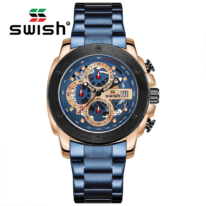 Мужские водонепроницаемые кварцевые часы с хронографом из нержавеющей