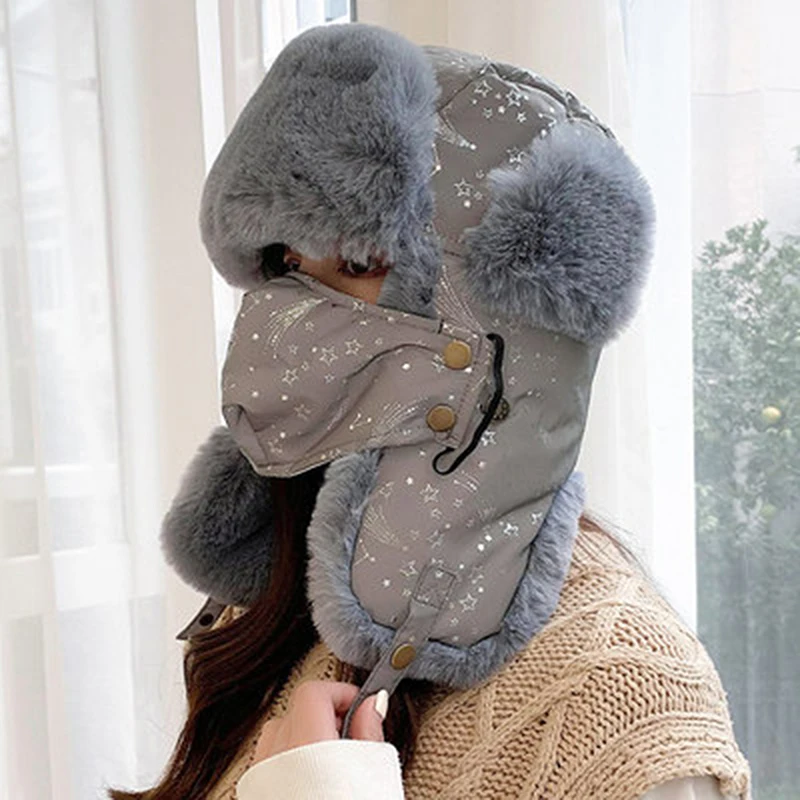 

Lei Feng Hat Female Winter Thick Warm Hat Tide Cute Sweet Print Outdoor Winter Warm Cap Windproof Vintage Bomber Hat