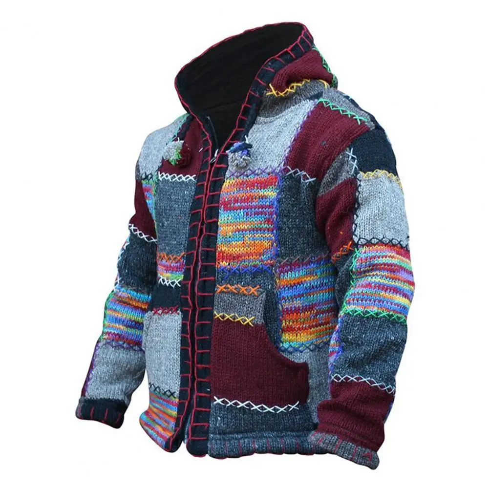 

50%HOTZipper Closure Long Sleeve Men Cardigan Autumn Winter Colorful Patchwork Drawstring Hooded Sweater Coat Knitwear