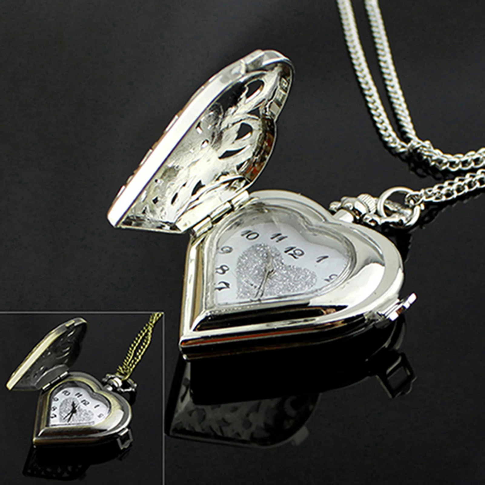 

Women Vintage Hollow Heart-Shaped Pendant Long Chain Necklace Cute Pocket Watch Metal Chain Vintage Pocket Wristwatches