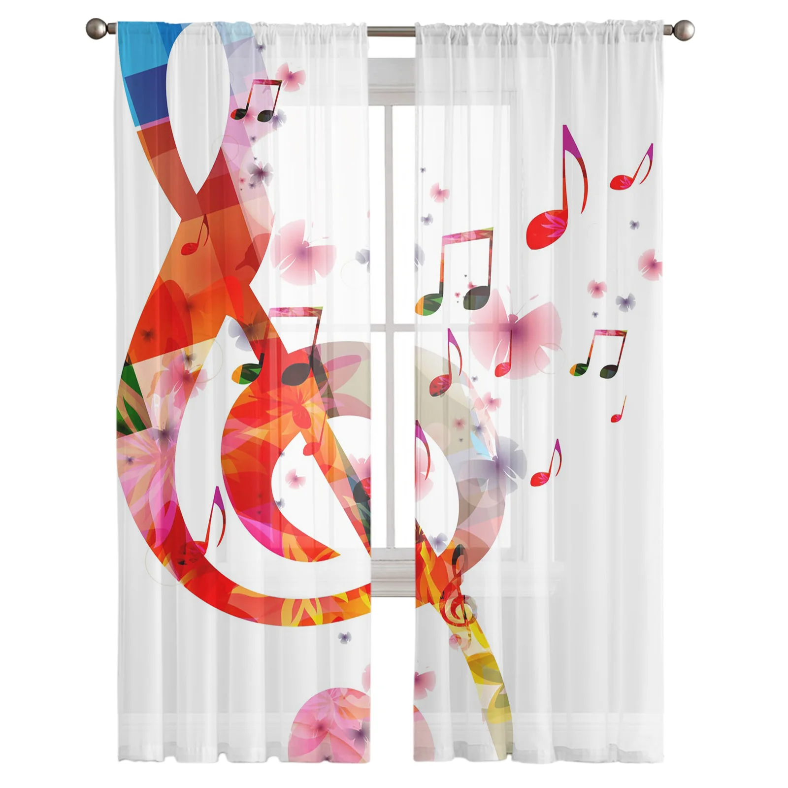 Красная занавеска с символами заметок бабочками цветами художественная оконная