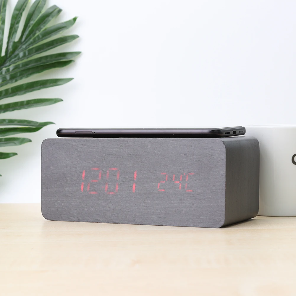 

Wooden LED Alarm Clock with Qi Wireless Charging Pad Sound Control Charger