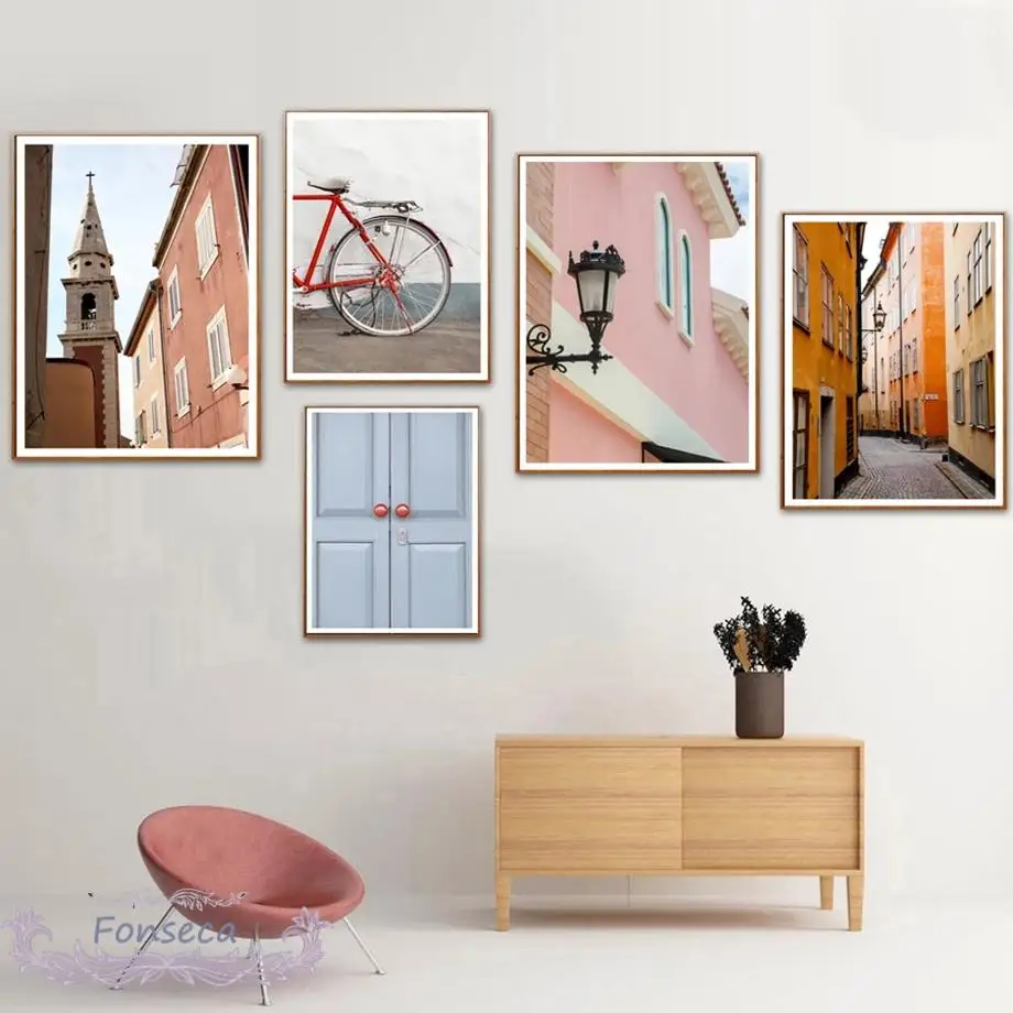 Европейская маленькая городская Картина на холсте Hd Печатный Красный велосипед