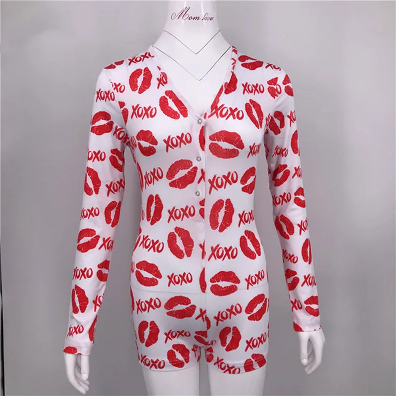 

Sexy Womens Bodysuit Overalls Floral Print Deep V-Neck Long Sleeve Slim Shorts Pants Leotard Fashion Button Nightwear Bodysuits