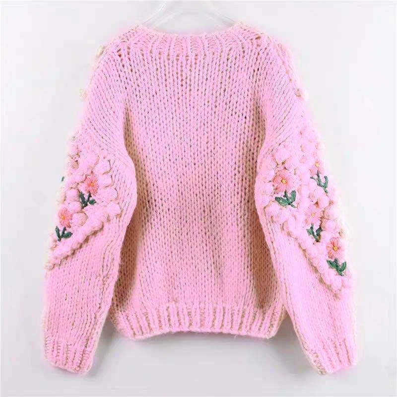 

2020 New Women Winter Handmade Sweater and Cardigans Floral Embroidery Hollow Out Chic Knit Jacket Pearl Beading Cardigans