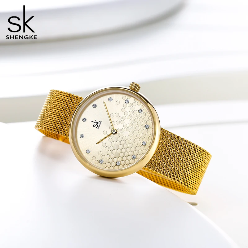 Women Watches Fashion SHENGKE Ladies Watch Luxury Brand Diamond Quartz Woman Gold Wristwatch Stainless Steel Mesh Female Clock