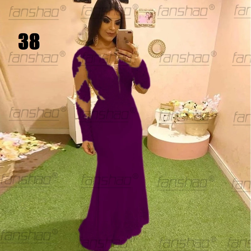 Платье вечернее длинное Персиковое с длинным рукавом и аппликацией|Вечерние