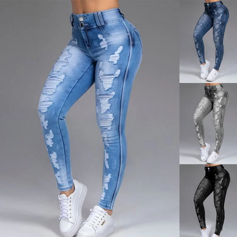 

Ripped straight High Waist women cropped denim pants skinny fleece Women's Streetwear elastic trousers 2021 summer jeans Pant