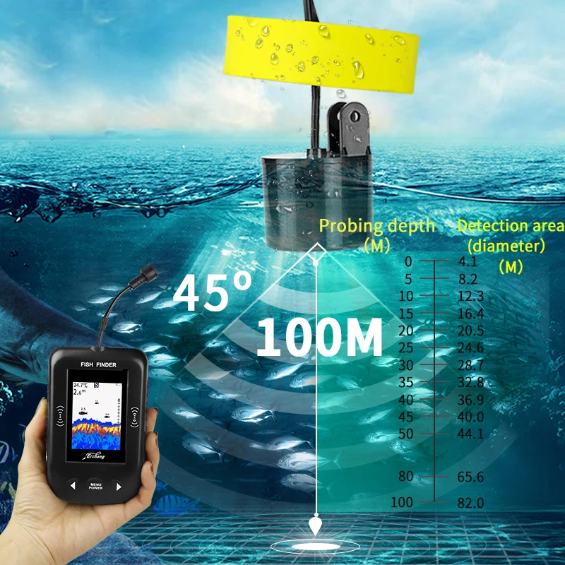 XF02-C Portable Fish 0.6-100M Finder Depth Sonar Sounder Alarm 9m Cable Waterproof Fishfinder Fishing Echo For | Спорт и развлечения