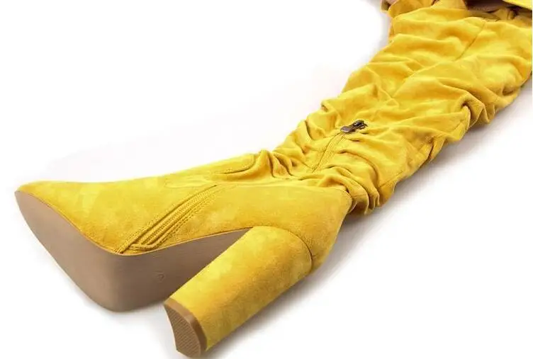 Red Yellow Black Suede Woman Pointed Toe Over The Knee Buckles Sexy Pants Belts Boots High Heel Square Toe Long Boots Lady