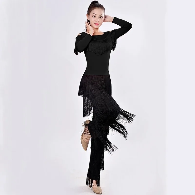

NEW 2021 Latin Modern Dance Suits Women/girls Sexy Fringes Long Pants Ballroom/tango/rumba/latin Dresses Clothings For Dancer