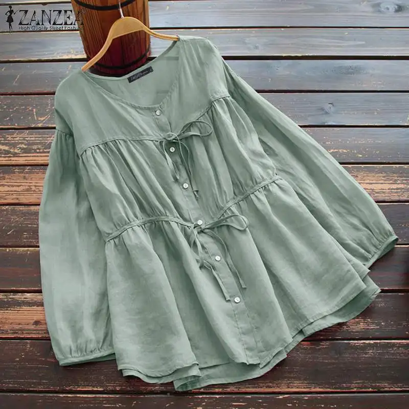 

5XL Vintage Blouse Women Autumn Shirt ZANZEA Elegant Buttons Down Tunic Female Patchwork Blusas Solid Tops Femininas Lace Up Top