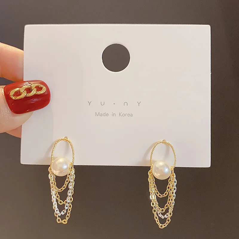 

Korean fashion pearl chain earrings female personality exquisite temperament tassel long earrings