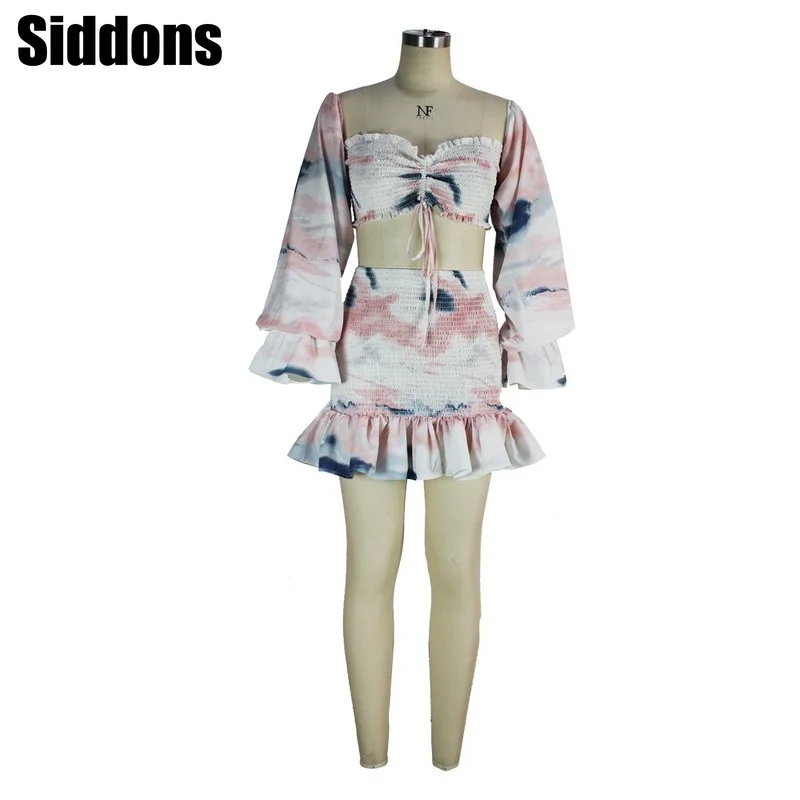 

Women Print Frill Hem Ruffles Lantern Sleeve Square Neck Backless Crop Top and High Waist Skirt Two Piece Sets