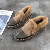 autumn winter warm real mink fur shoes women luxury crystal hand stitching leather winter shoes woman slip on platform flats