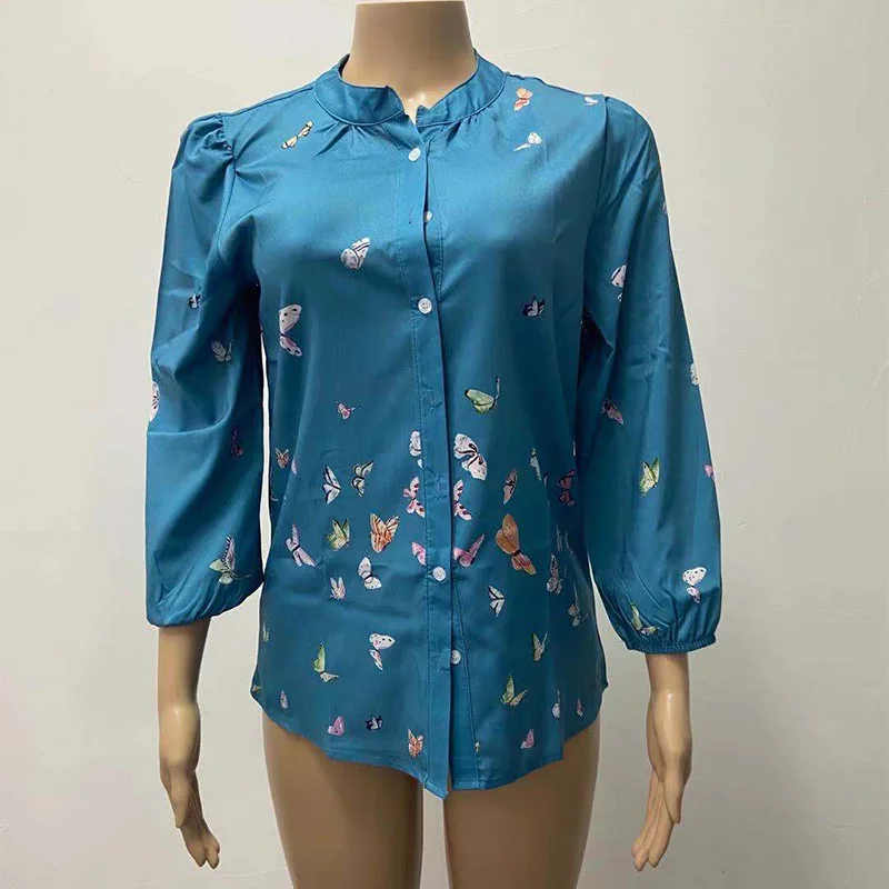 

Butterfly Print Oversized Long Sleeve Ladies Shirt V-neck Button Casual Female Shirts Blouse 2021 Fahsion Loose Tops Spring New
