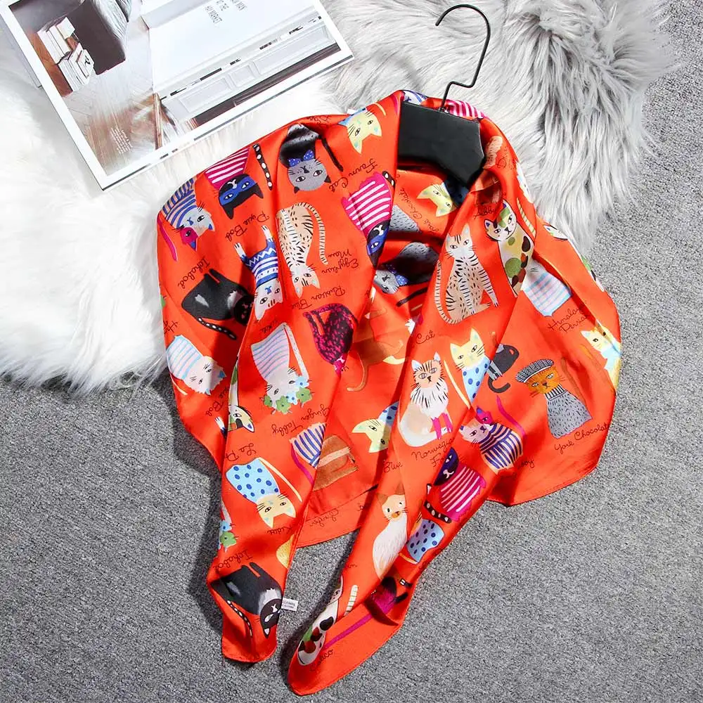 Милый роскошный атласный маленький квадратный шелковый шарф с принтом кота из