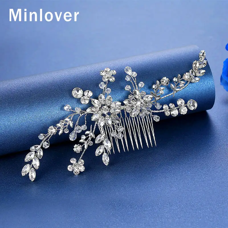 Minlover, корейский серебряный цвет, женские расчески для волос/булавка, модный хрустальный цветок, ветка, свадебные аксессуары для волос, головной убор ручной работы FS288