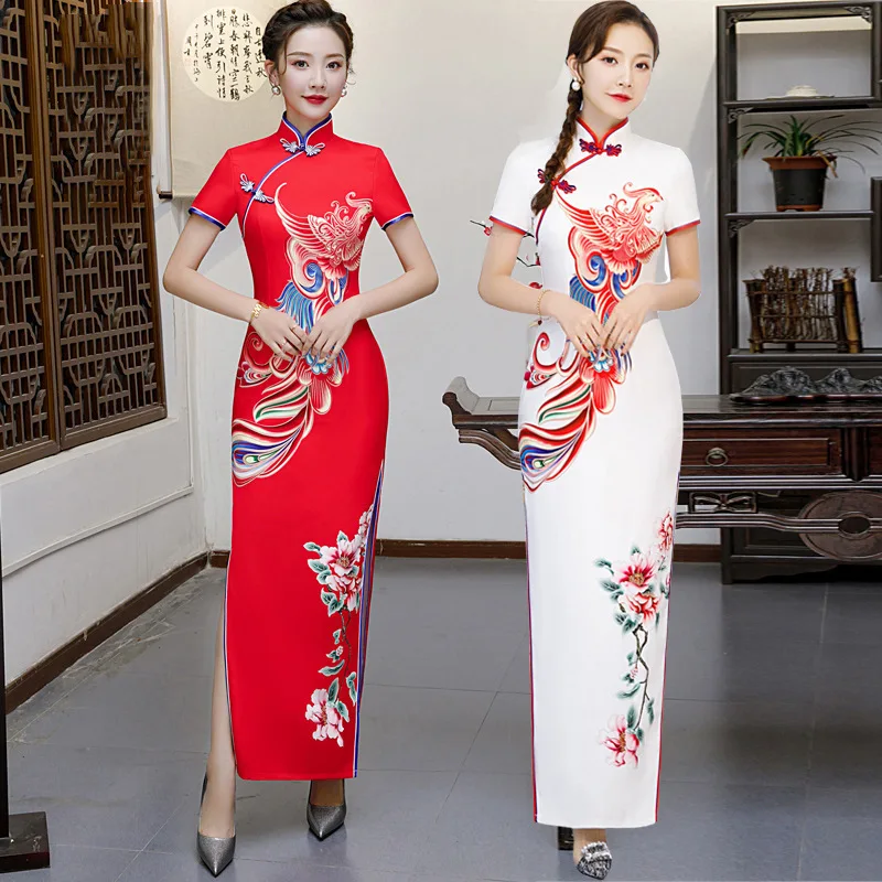 Женское винтажное платье чонсам белое Повседневное в китайском стиле вечерние