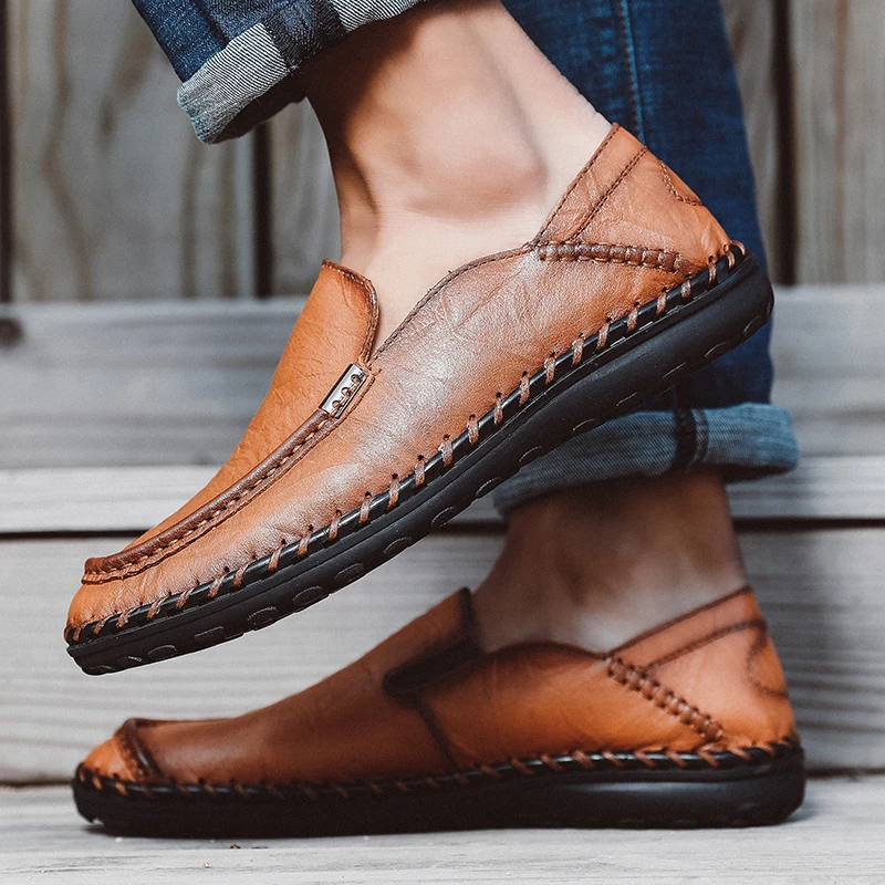

Men's Casual Slip On Loafers Shoes High Quality Handmade Genuine Leather Mens Comfortable Breathable flat Lace Up Sneakers