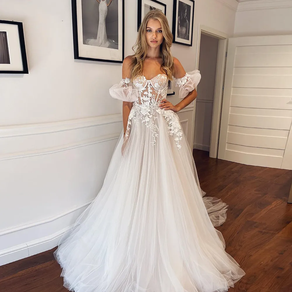 

Illusion Boho Wedding Dresses 3D Lace Flower A Line Ivory Bridal Gowns Garden Beach Princess Marriage Outfits Formal Outfits