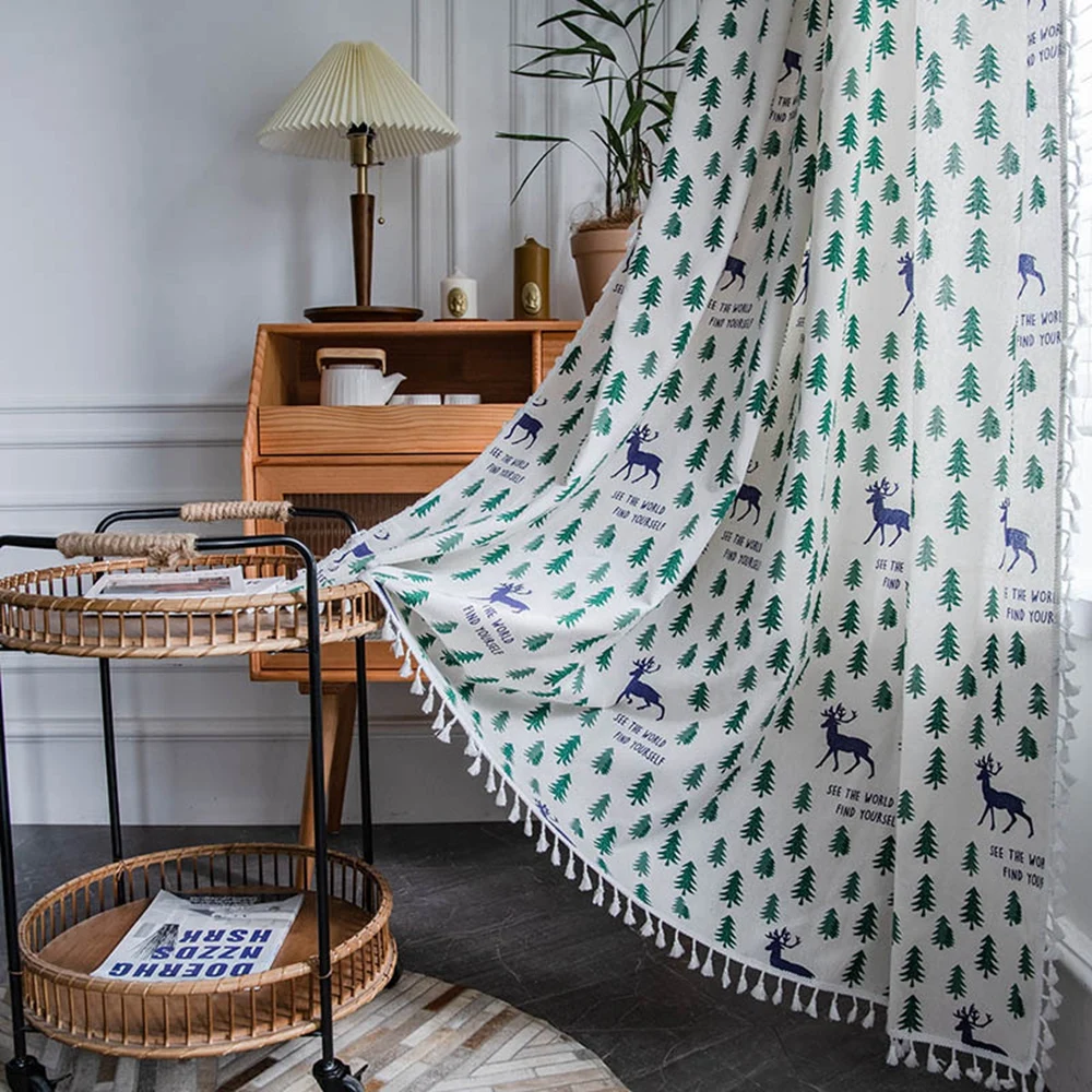 

Американская Рождественская елка с принтом оленя, кухонная занавеска, полупотайное дрейфующее окно, готовые шторы с белой бахромой #50