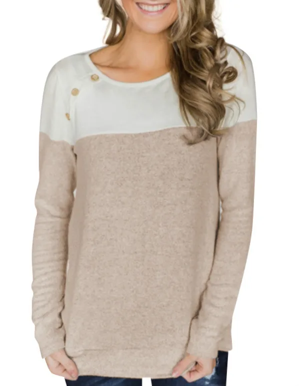 

2020women's Fashion Tops Autumn Winter Causal Pullover Knitted T-shirts Color Matching O-neck Fastener Decoration Long Sleeve
