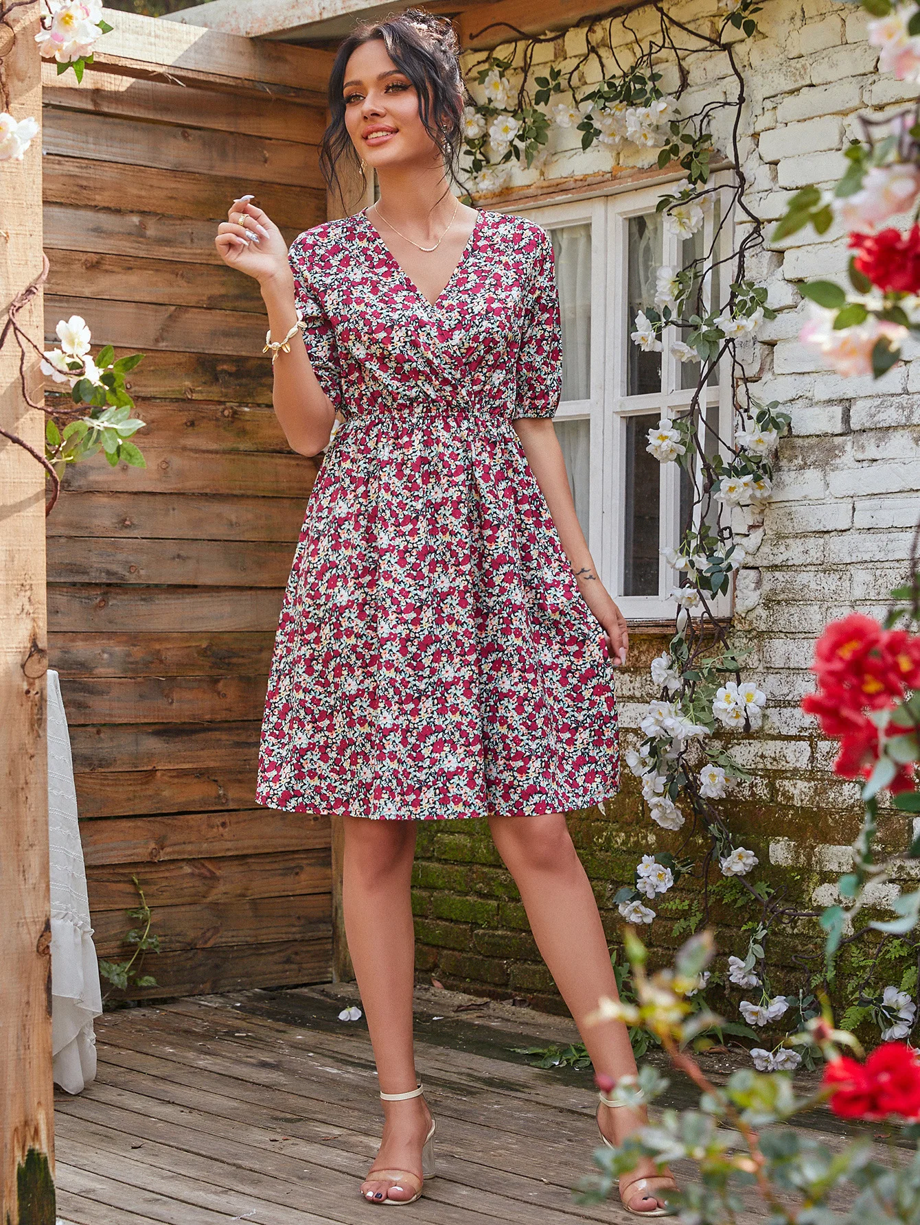 

Donsignet Fashion Women's Dress Summer Casual V-neck Floral Print Sexy Waist Slim Five-point Sleeve Dress Elastic Waist Dress
