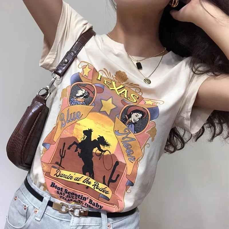 

Футболка женская в стиле бохо, ковбойский топ с принтом синей Луны, цыганская винтажная рубашка в стиле ретро, в стиле Харадзюку, на лето