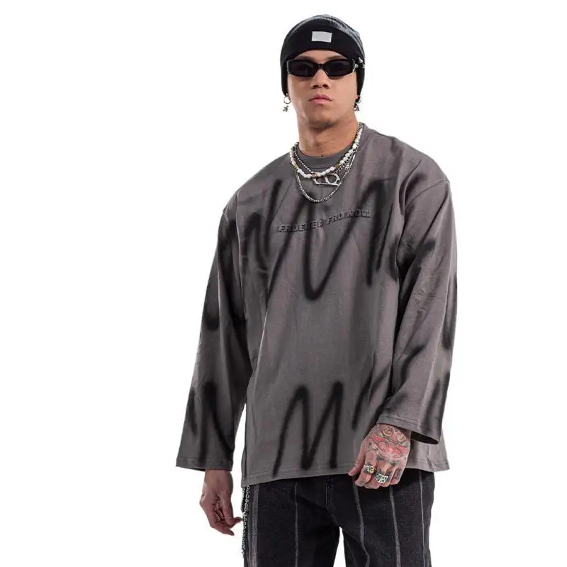 

Vivgae trendy men's wear trendy men's Pullover round neck versatile loose and lazy style tie dye couple Top Long Sleeve T-Shirt