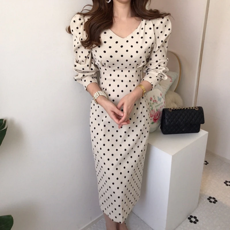 

French Style Spring Autumn Women Casual Polka Dot Print A-Line Party Corduroy Dresses Eleagnt Lace-Up Slim Fashion