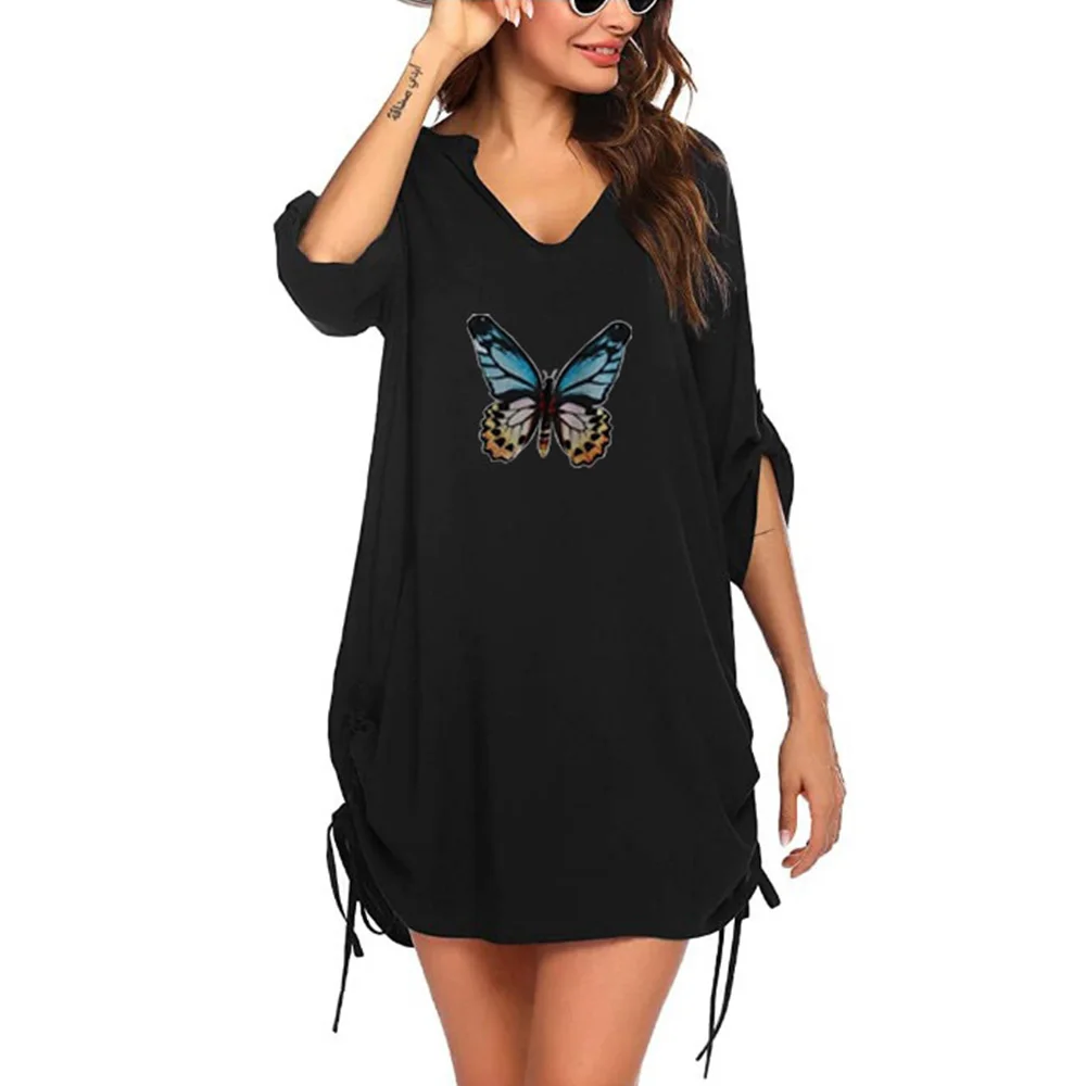 

Beach Dress Butterfly Printed Beach Cover-up Pleated Loose Long Shirt Beachwear Cover-ups for Women Bikini