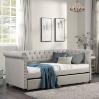 linen fabric upholstered daybed with trundle classic style sofa bed twin size frame beige