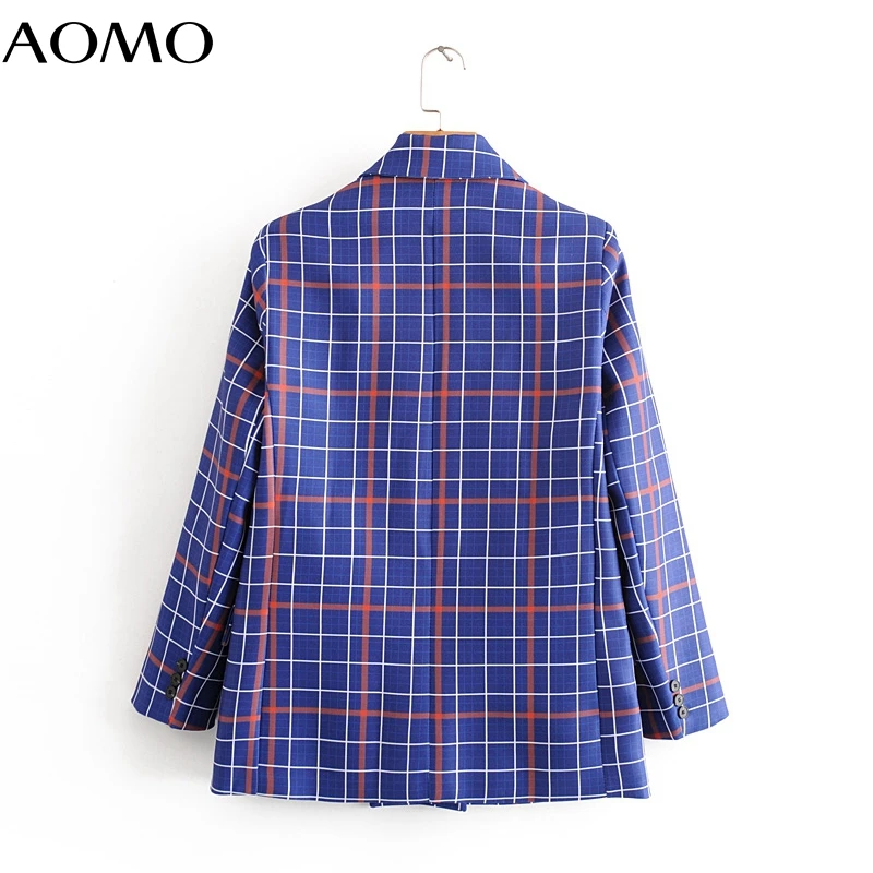 

AOMO 2020 autumn women blue plaid blazer female long sleeve elegant jacket ladies blazer formal suits DA222A