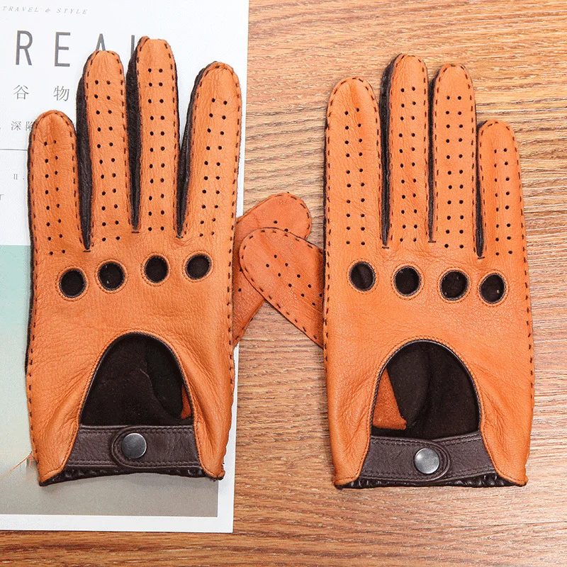 Мужские перчатки из натуральной кожи, противоскользящие, для вождения, дышащие, высокое качество, настоящая оленья кожа, перчатки мужские, два тона, коричневый, верблюжий, DQ0133M