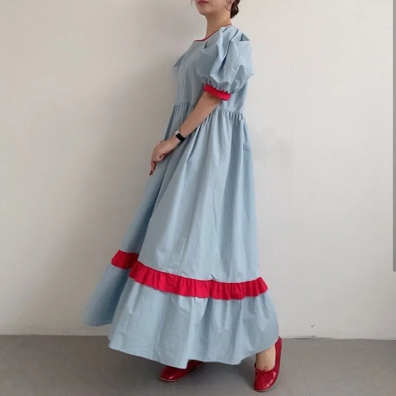 2021 NOVEDAD DE VERANO suelto de gran oscilación de Puff manga vestido de la muñeca vestido de una-pieza Chic Corea lindo Collar cuadrado contraste vestido