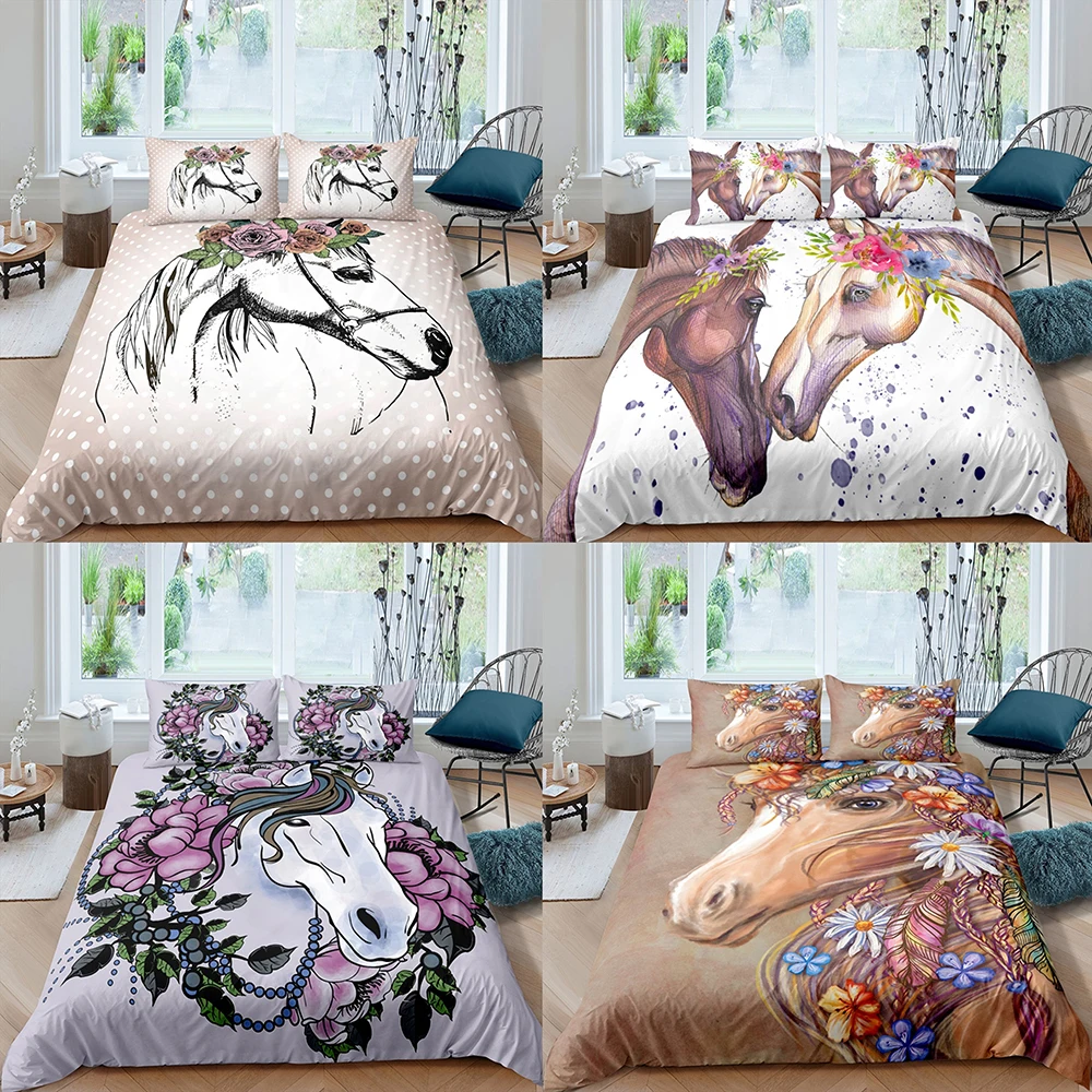 

3D Horse Bedding Sets Kids Adult Lovely Watercolor Animal Flowers Plant Duvet Cover Double Queen King Sizes Floral Quilt Covers
