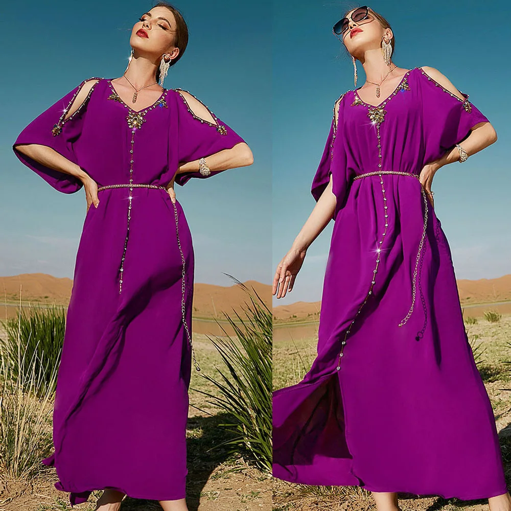 Женское платье Abaya со стразами, с открытыми плечами и коротким рукавом, Женский кафтан, Средний Восток, Арабская вечерняя праздничная одежда