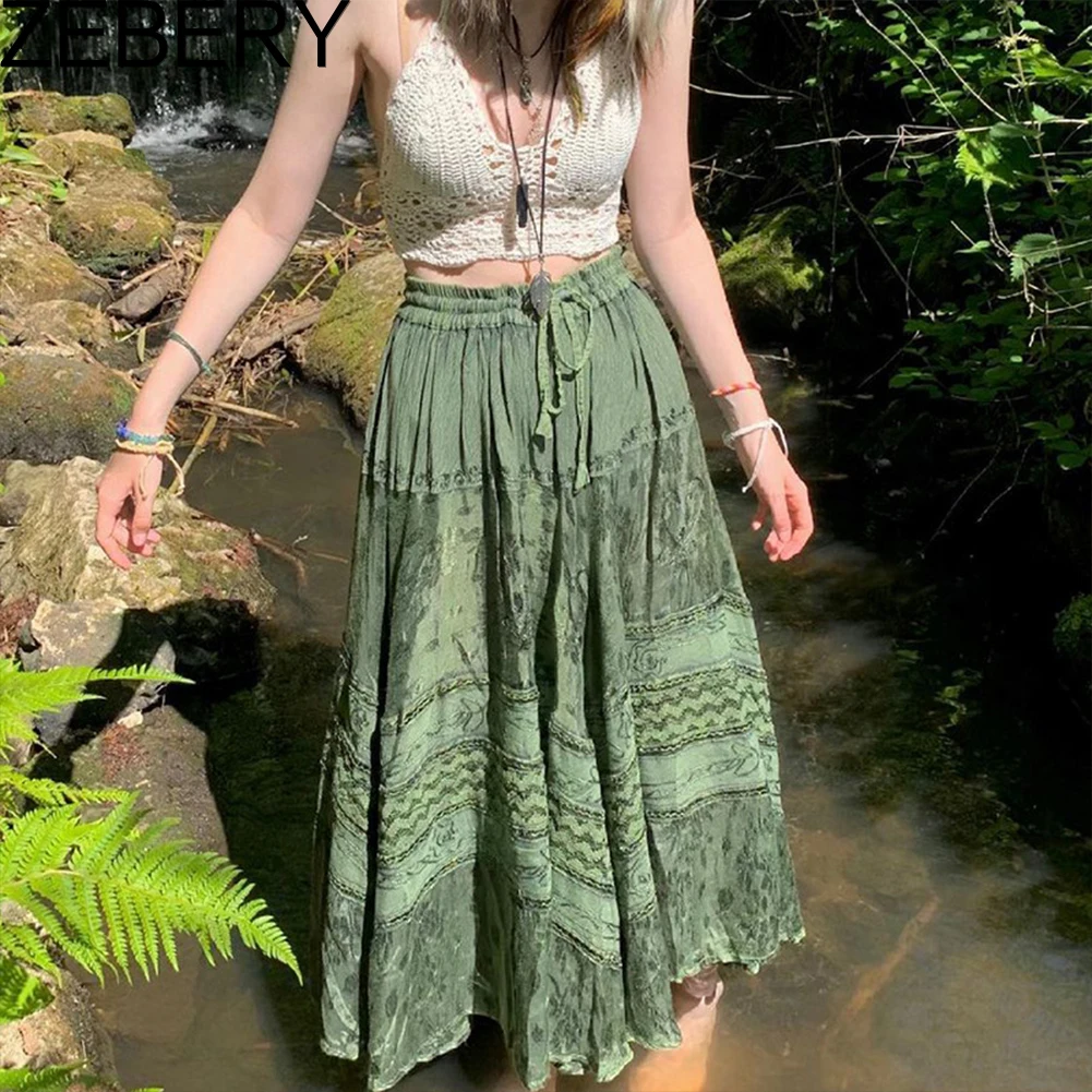 

ZEBERY y2k Printed Green Long Skirts Retro Kawaii Lace Up Pleated Skirts Grunge Fairycore Boho Beach Holiday Skirt Women Chic