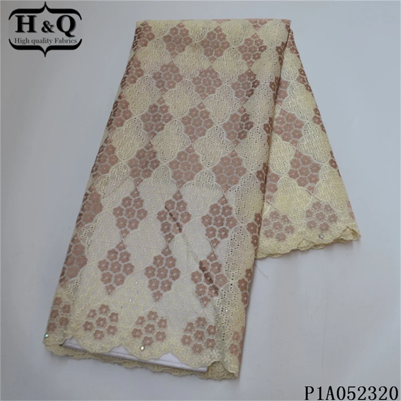 

H&Q green dry lace embroidery with stones swiss lace cotton fabric match rhinestones 5 yards for nigerian sewing party dress